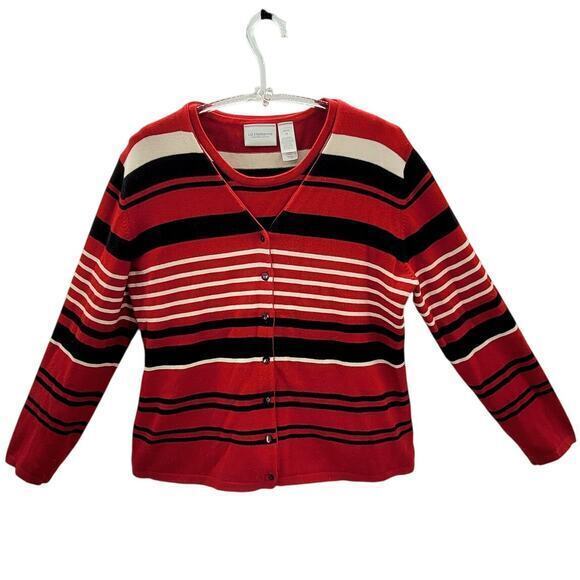 Liz Claiborne Striped 2‎ Piece Preppy Button Up Twin Set Cardigan Tank Sweater - Picture 1 of 16